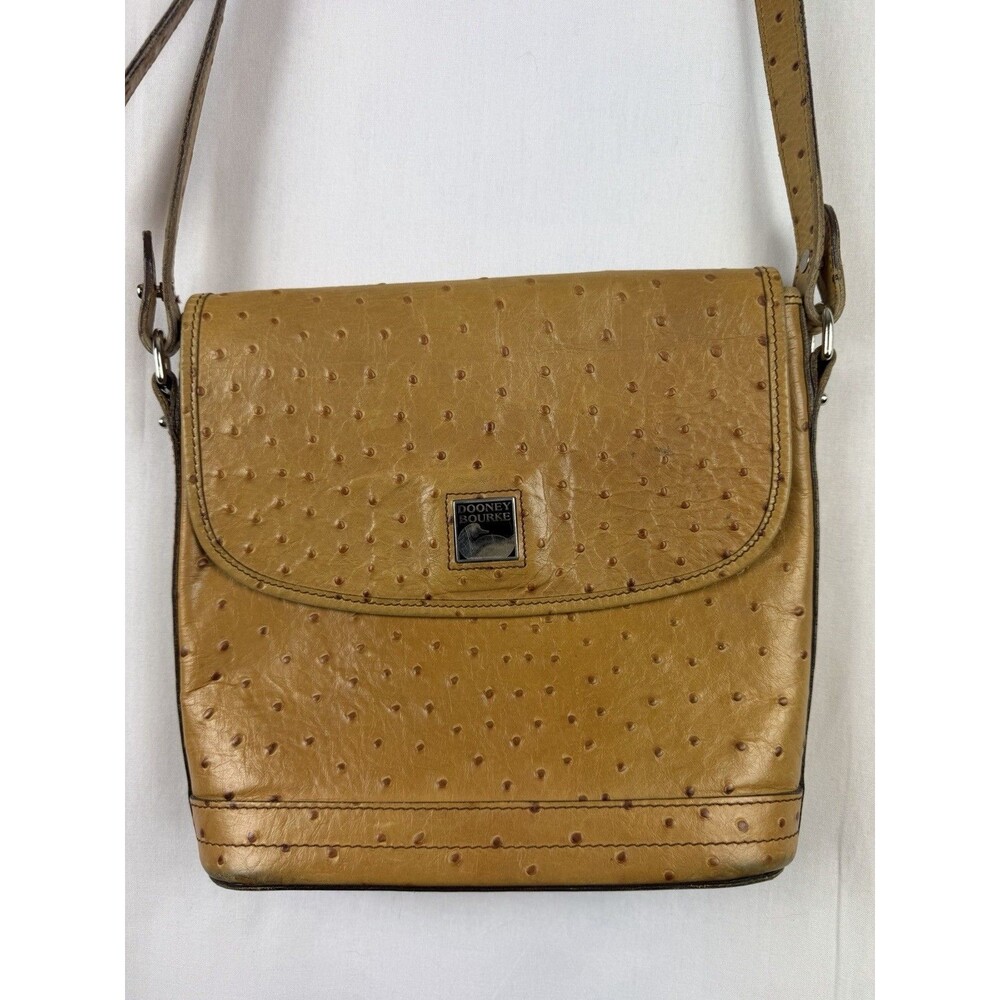 Vintage Dooney & Bourke Tan Embossed Ostrich Large Flap Shoulder Footed Bag
